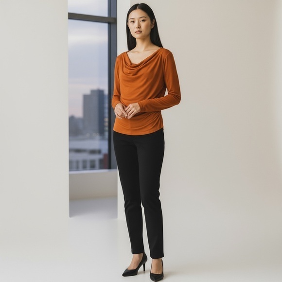 MAX MARA SPICED ORANGE COWL NECK JERSEY MINIMALIST BUSINESS CLASSIC TOP SZ L